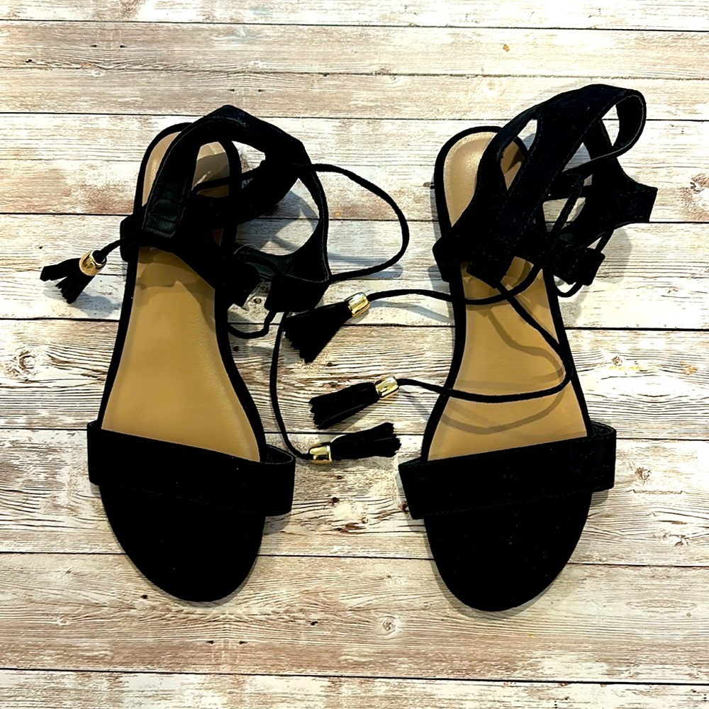 Merona black suede sandals with straps and tassels, new!